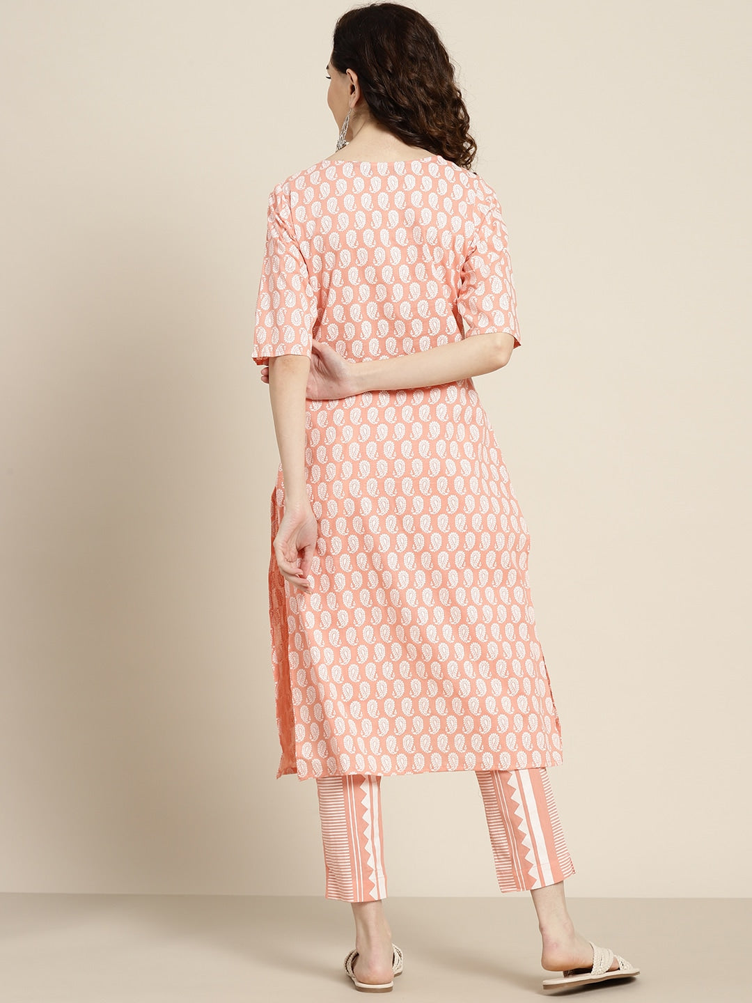 Sangria Women Peach-Coloured & White Ethnic Printed Pure Cotton Kurta set - Distacart