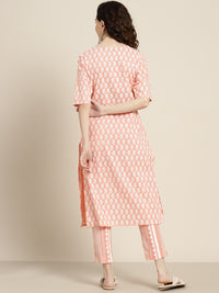 Thumbnail for Sangria Women Peach-Coloured & White Ethnic Printed Pure Cotton Kurta set - Distacart