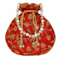 Thumbnail for Ethnic Silk Potli bag Clutch Batwa Pouch with Embroidery and Metal Bead work Gift For Women - Distacart