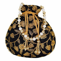 Thumbnail for Ethnic Silk Potli bag Clutch Batwa Pouch with Embroidery and Metal Bead work Gift For Women - Distacart