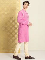 Thumbnail for House of Pataudi Men Pure Cotton Self Striped Embroidered Thread Work Jashn Kurta - Distacart