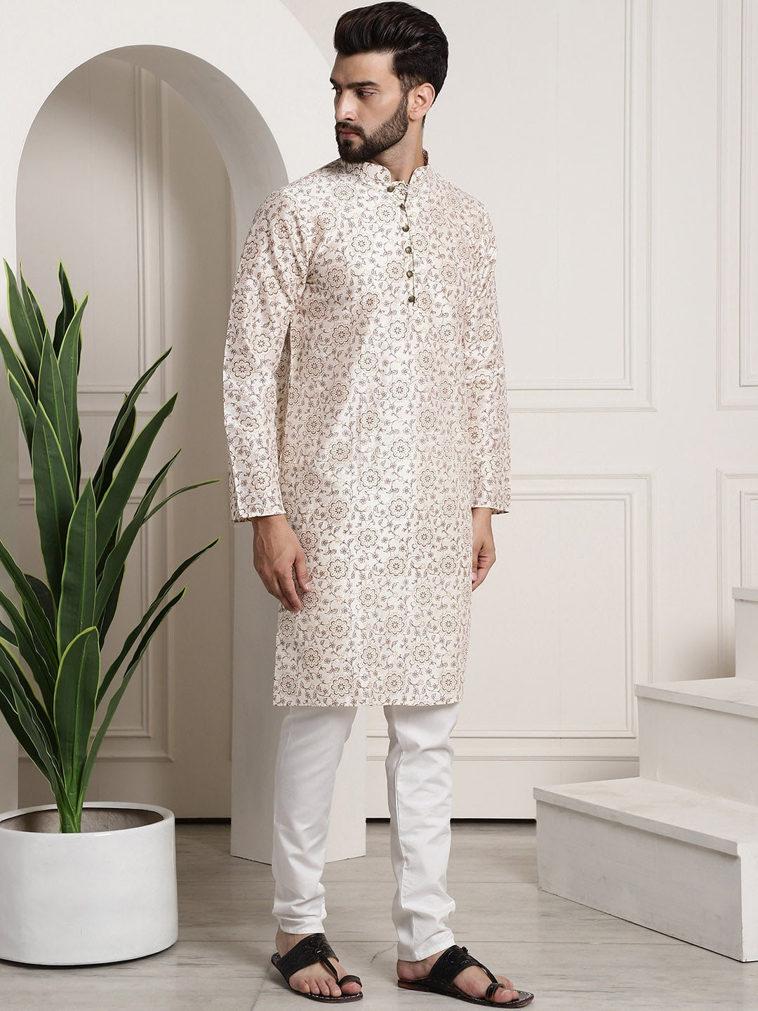 Sojanya Men Cream-Coloured & Brown Silk Cotton Printed Regular Kurta with Churidar - Distacart