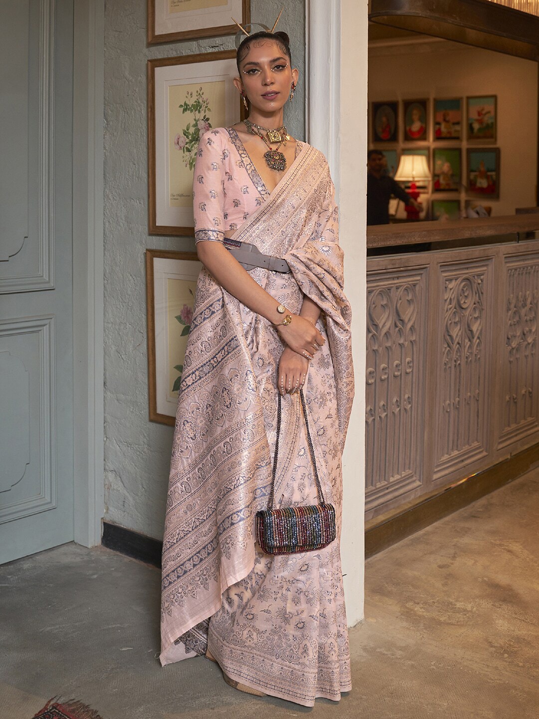 Mitera Peach-Coloured & Grey Ethnic Motifs Zari Banarasi Saree - Distacart