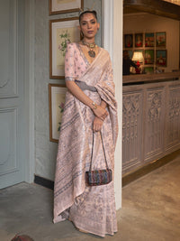 Thumbnail for Mitera Peach-Coloured & Grey Ethnic Motifs Zari Banarasi Saree - Distacart