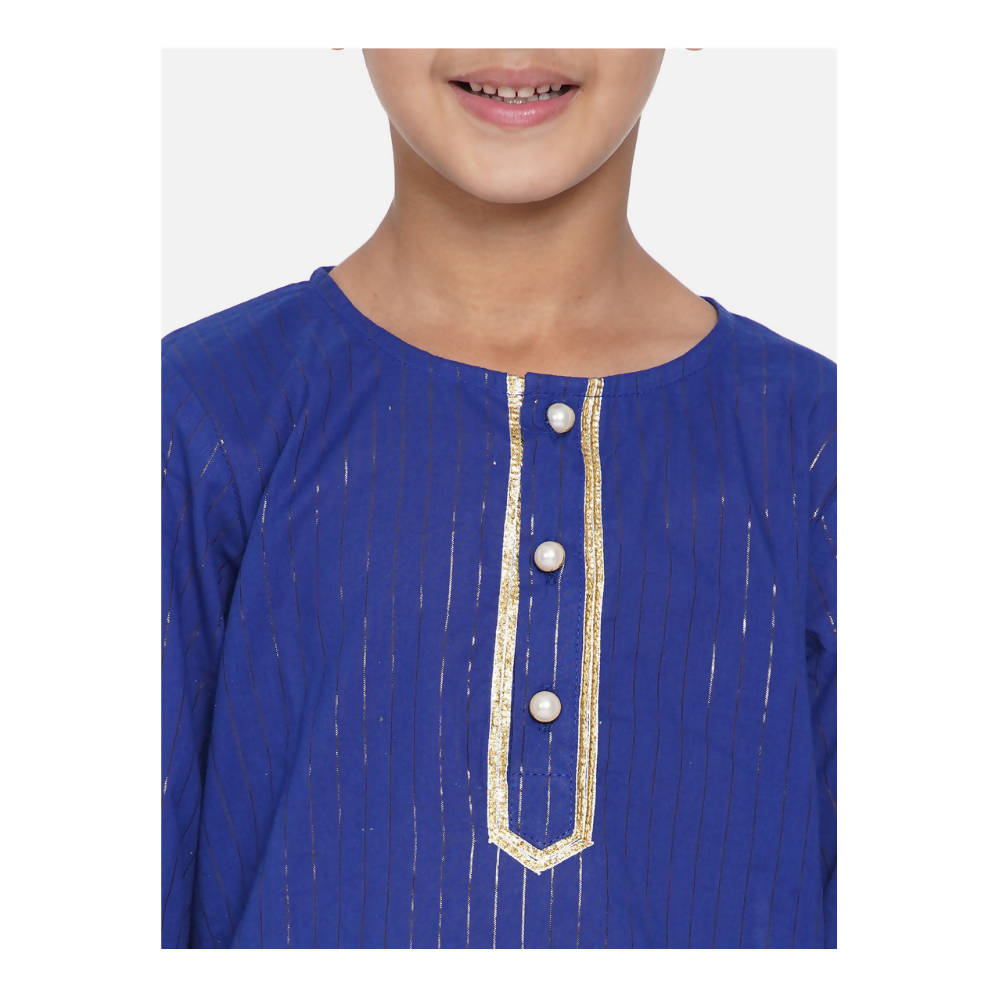 Little Bansi Golden Striped Kurta and Dhoti - Royal Blue and Cream