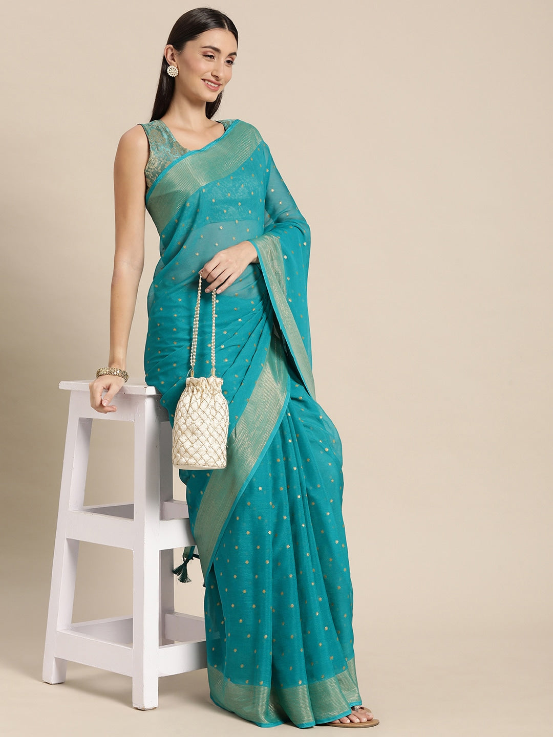 Mitera Blue & Gold-Toned Floral Zari Pure Chiffon Saree - Distacart
