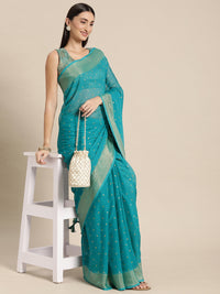 Thumbnail for Mitera Blue & Gold-Toned Floral Zari Pure Chiffon Saree - Distacart