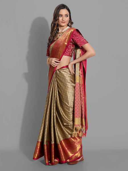 Mitera Beige & Red Woven Design Zardozi Mysore Silk Saree - Distacart