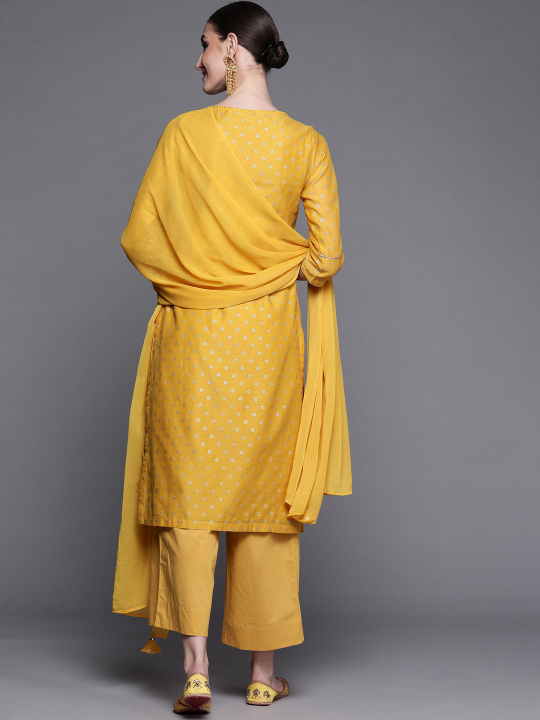 Biba Women Mustard Yellow & Golden Ethnic Motifs Printed Kurta with Palazzos & Dupatta - Distacart