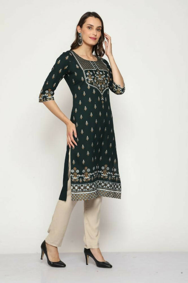 Maai Rayon Hand Printed Kurta Green - Distacart