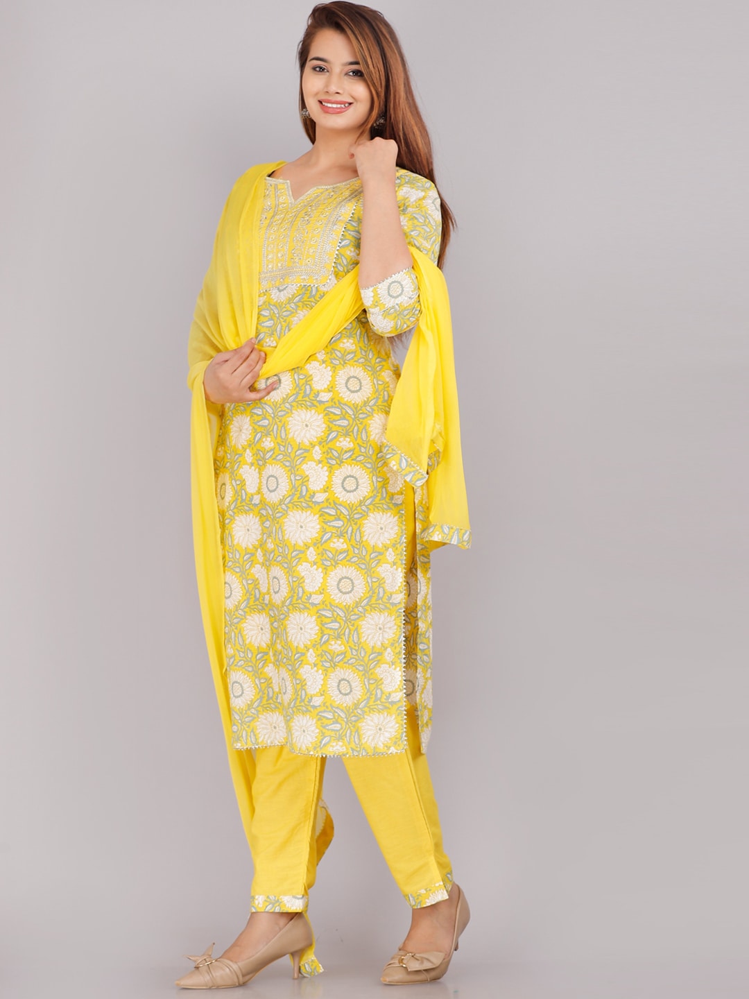 Kalini Women Yellow Floral Printed Pure Cotton Kurta with Trousers & Dupatta - Distacart