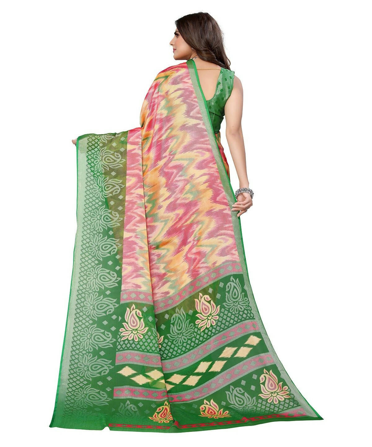 Vamika Pink Chiffon Brasso Bollywood Style Woven Saree (KARUNA GREEN) - Distacart