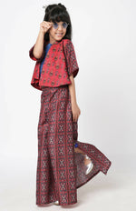 Thumbnail for Lil Drama Ethnic Twist Girls Red Print Flared Palazzo With Top And Jacket Co-Ordinate Set - Distacart