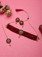 Thumbnail for Cardinal Gold-Plated Maroon Onyx-Studded & Beaded Jewellery Set - Distacart