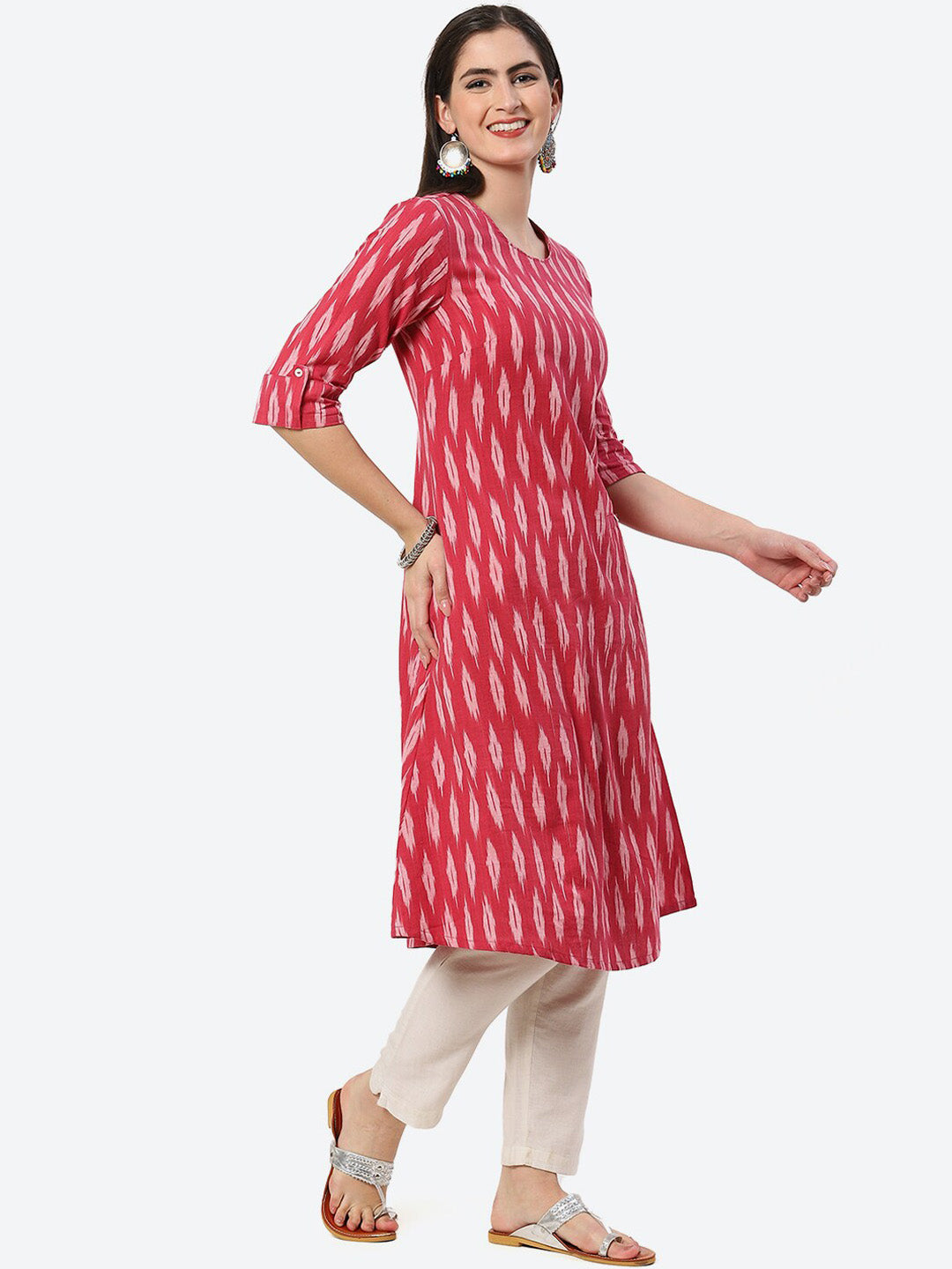 Biba Woven Design Ikat Roll Up Sleeves A-Line Pure Cotton Kurta - Distacart
