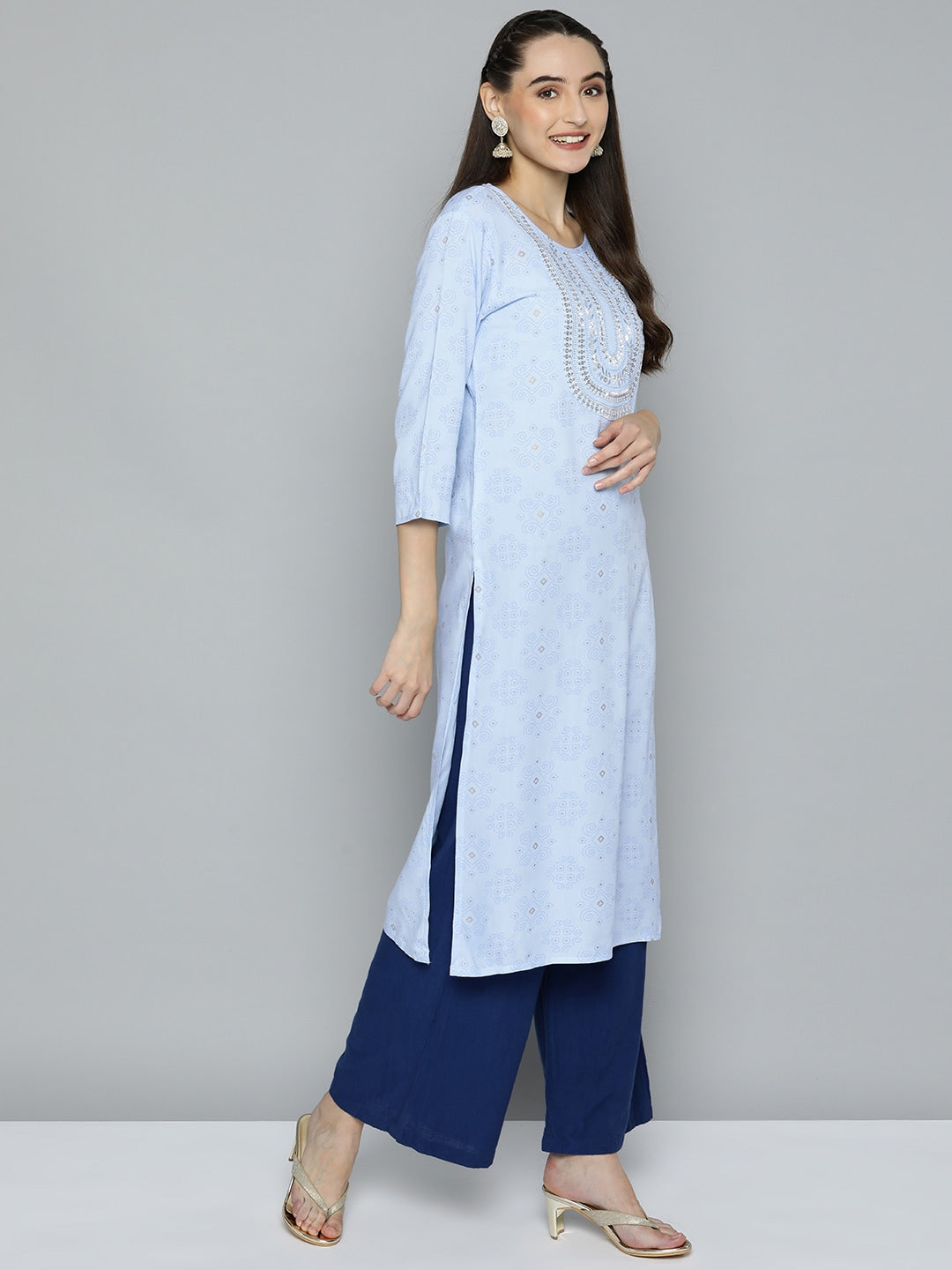 HERE&NOW Women Blue Ethnic Motifs Printed Embroidered Sequin Detail Kurta - Distacart