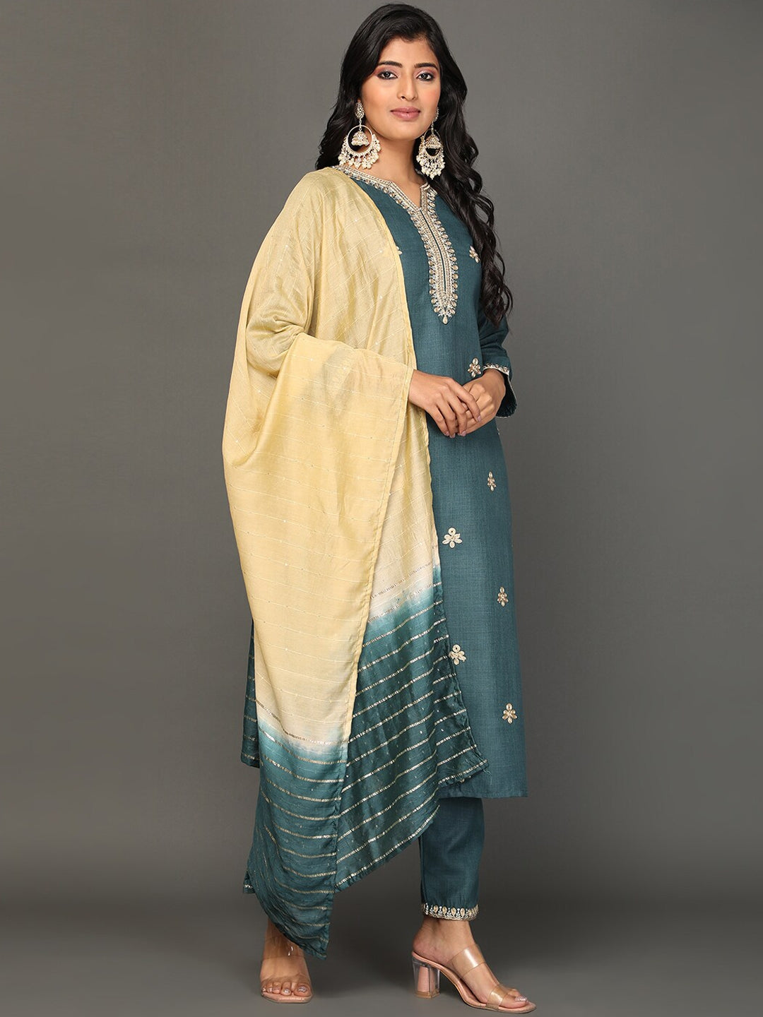 NOZ2TOZ Women's Ethnic Motifs Embroidered Zari Kurta with Trousers & Dupatta - Distacart