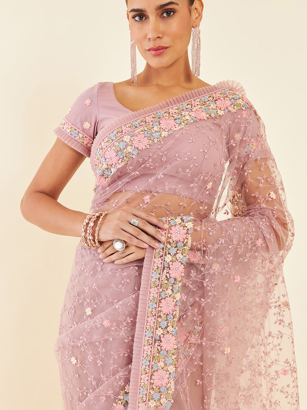 Soch Purple & Blue Floral Embroidered Net Saree - Distacart