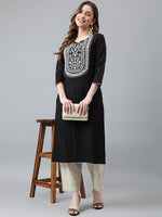 Thumbnail for Khushal K Women Black & White Floral Yoke Design Kurta - Distacart