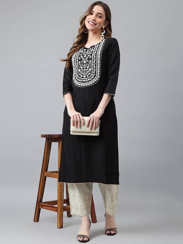 Khushal K Women Black & White Floral Yoke Design Kurta - Distacart