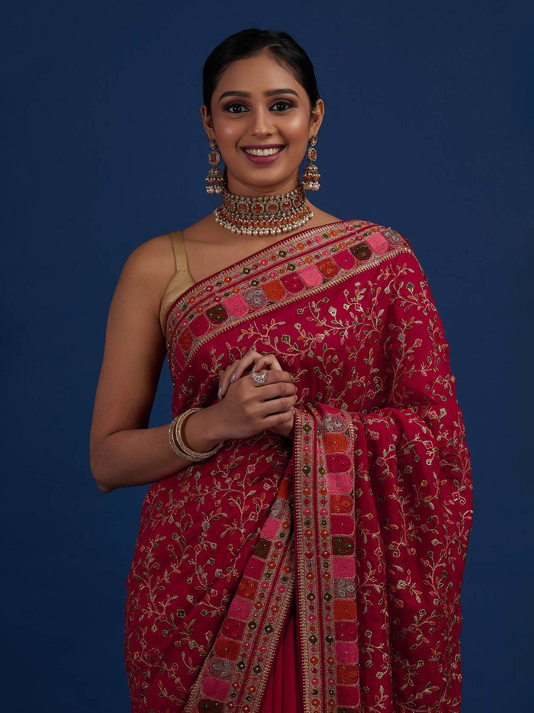 Koskii Pink Floral Embroidered Designer Art Silk Saree - Distacart