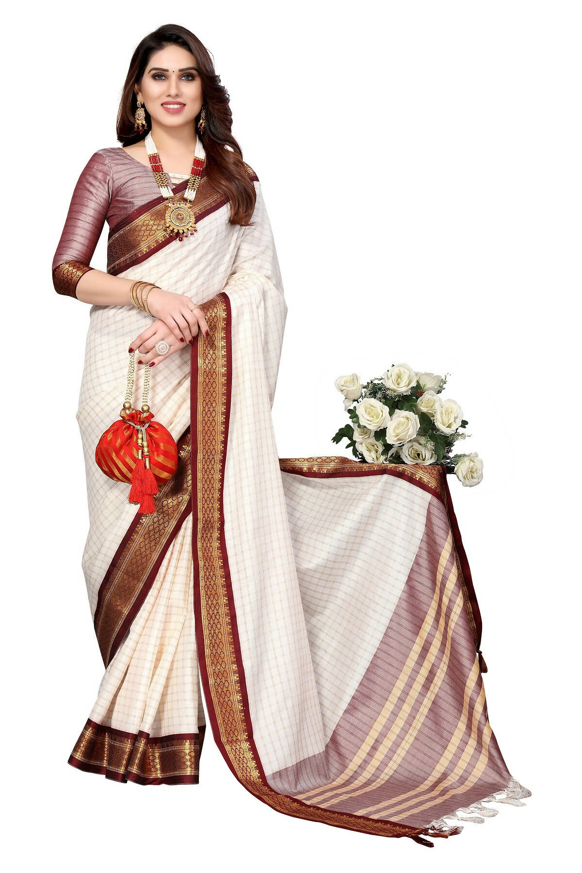 Vamika Weaving White Cotton Silk Saree (DEVAL MAROON) - Distacart