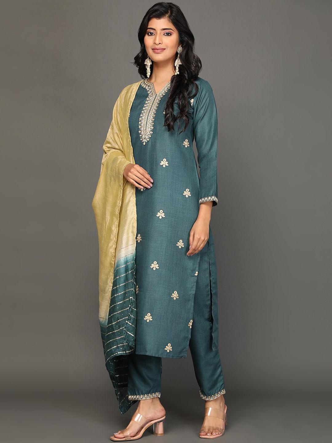 NOZ2TOZ Women's Ethnic Motifs Embroidered Zari Kurta with Trousers & Dupatta - Distacart