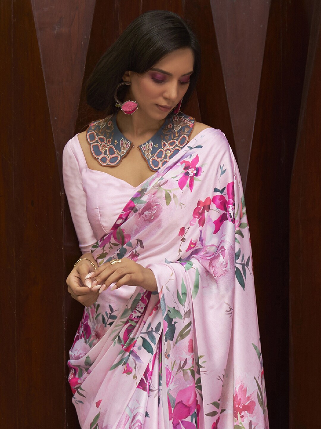 Mitera Pink & Red Floral Satin Saree - Distacart