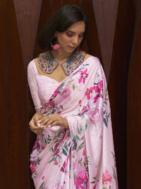 Thumbnail for Mitera Pink & Red Floral Satin Saree - Distacart