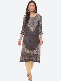 Thumbnail for Biba Women Grey & Beige Ethnic Motifs Printed Straight Fit Kurta - Distacart