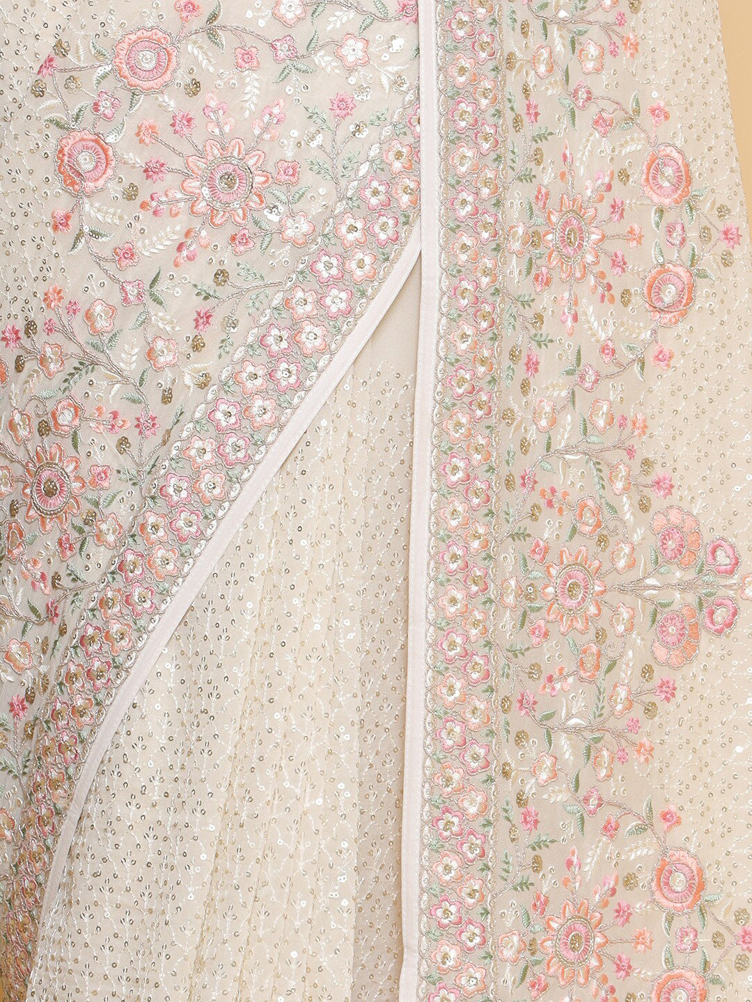 Soch Cream-Coloured & Red Floral Embroidered Pure Georgette Heavy Work Saree - Distacart
