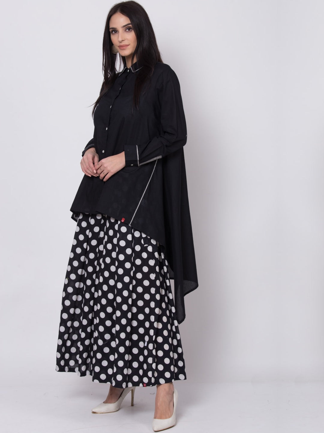 Biba Women Black & White Solid A-Line Shirt Collar Kurta - Distacart