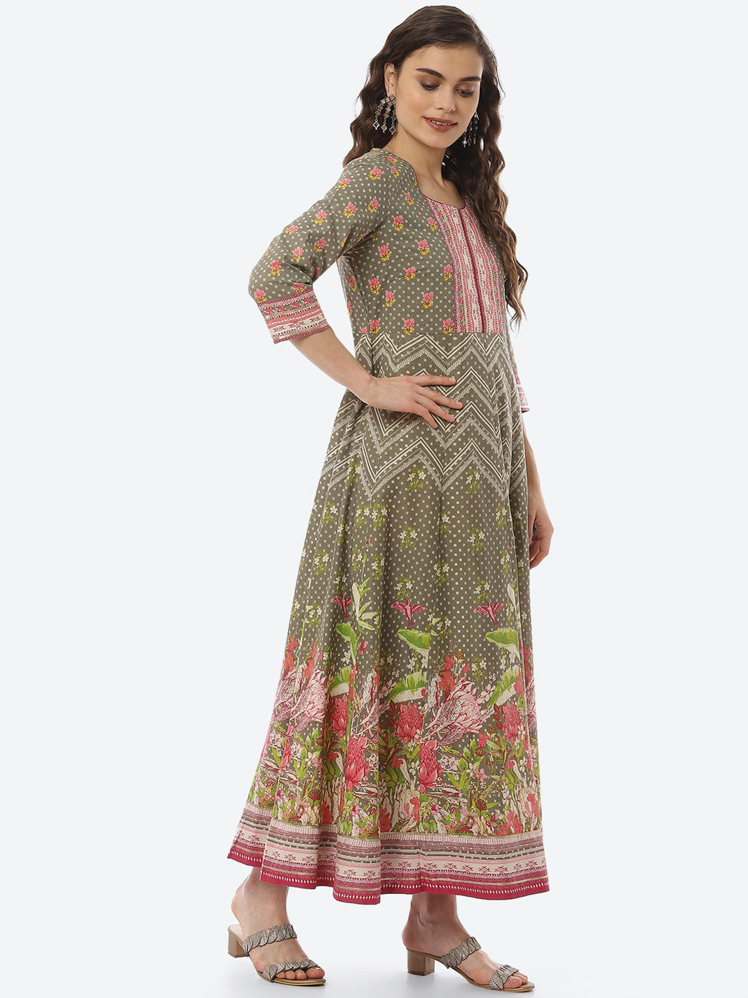 Biba Women Olive Green Ethnic Motifs Printed Anarkali Kurta - Distacart