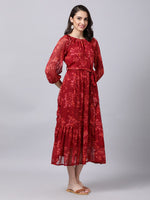Thumbnail for Souchii Maroon Floral Layered Chiffon A-Line Midi Dress - Distacart