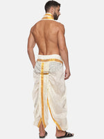 Thumbnail for Sethukrishna Men Cream and Gold-Toned Solid Dhoti With Angavastram - Distacart
