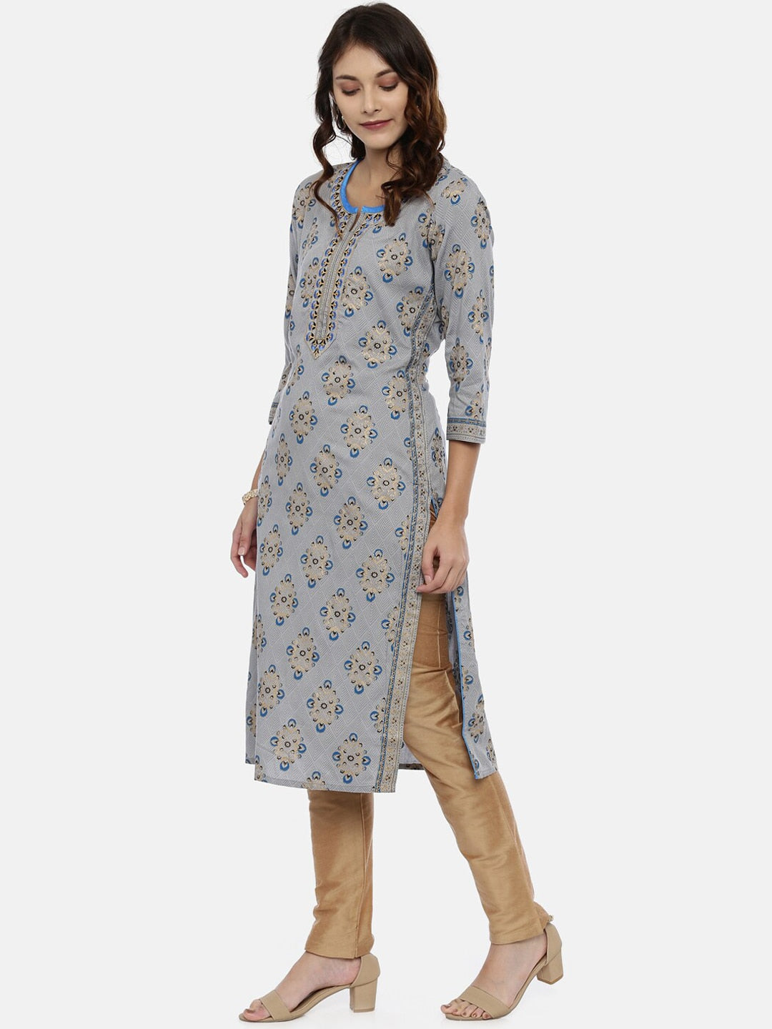 Souchii Grey & Gold Printed Straight Kurta - Distacart