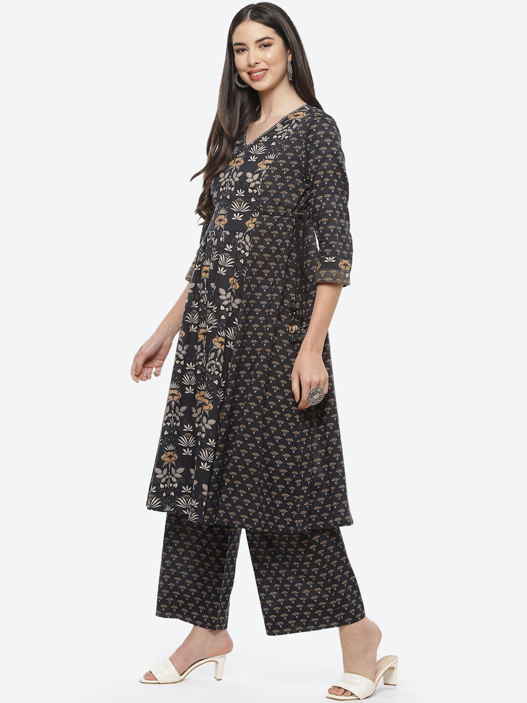 Biba Women Black Floral Printed Pure Cotton Kurta with Palazzos - Distacart
