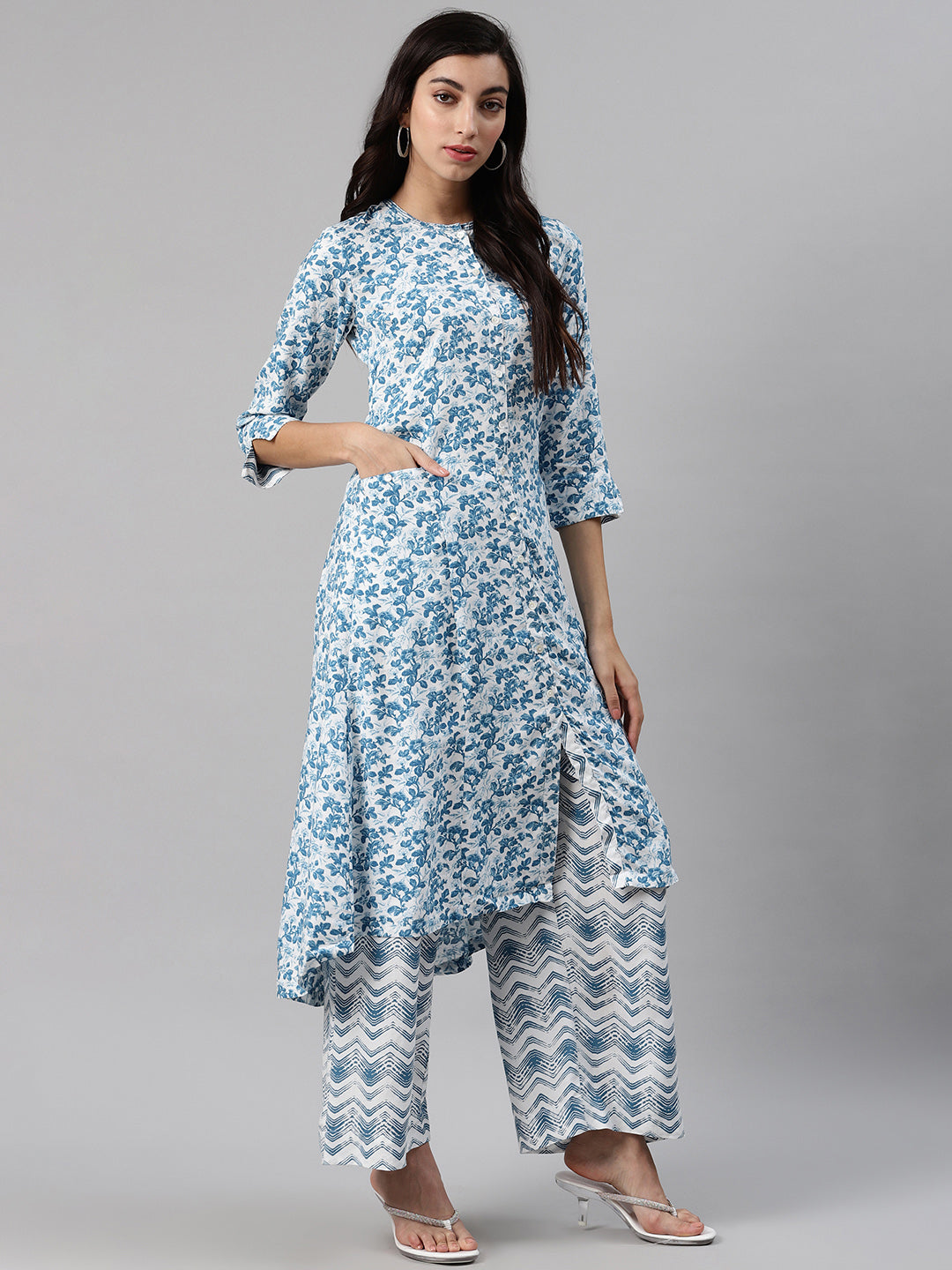 Biba Women White & Blue Printed Kurta with Palazzos - Distacart