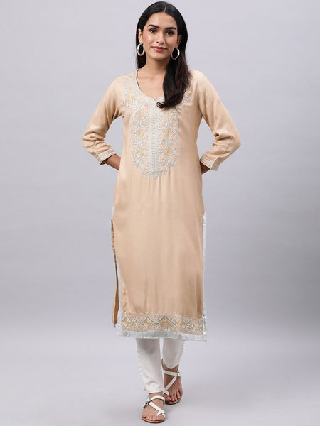 Souchii Beige & shifting sand Thread Work Grandeur & Majestic Artwork Kurta - Distacart