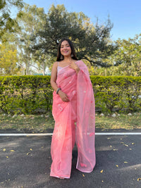 Thumbnail for Vastrasky Pink Organza Saree - Distacart