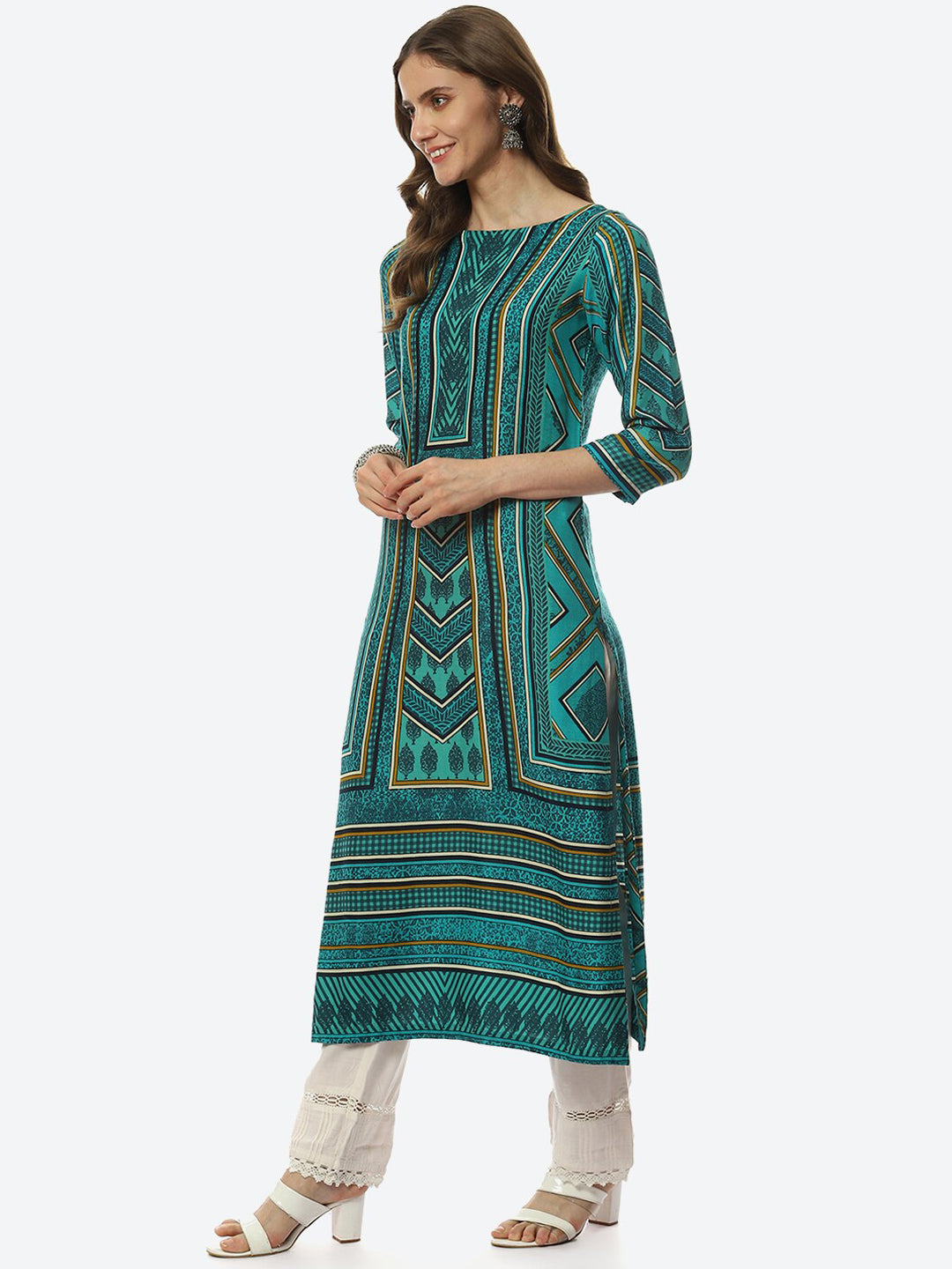 Biba Women Green & Black Printed Straight Kurta - Distacart