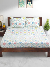 Thumbnail for Chumbak White & Blue Ethnic Motifs 136 TC Cotton 1 Queen Bedsheet with 2 Pillow Covers - Distacart