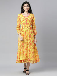 Thumbnail for Souchii Yellow Floral Layered Chiffon A-Line Midi Dress - Distacart
