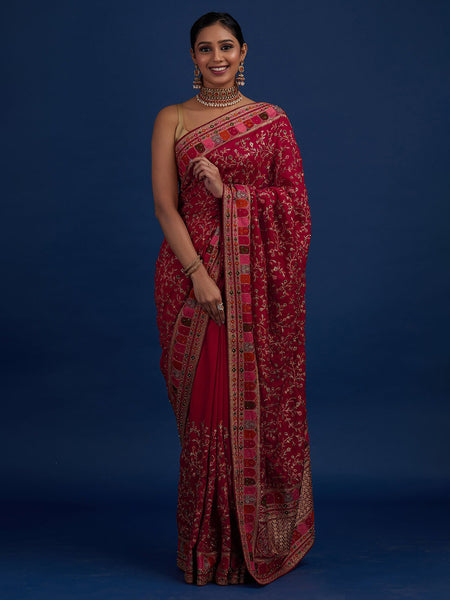 Koskii Pink Floral Embroidered Designer Art Silk Saree - Distacart