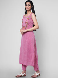Thumbnail for Kalini Women Pink Floral Embroidered Mirror Work Pure Cotton Kurta with Trousers - Distacart