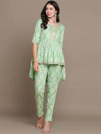 Thumbnail for HERE&NOW Ethnic Motifs Embroidered Thread Work Sequinned High-Low Kurti with Trousers - Distacart