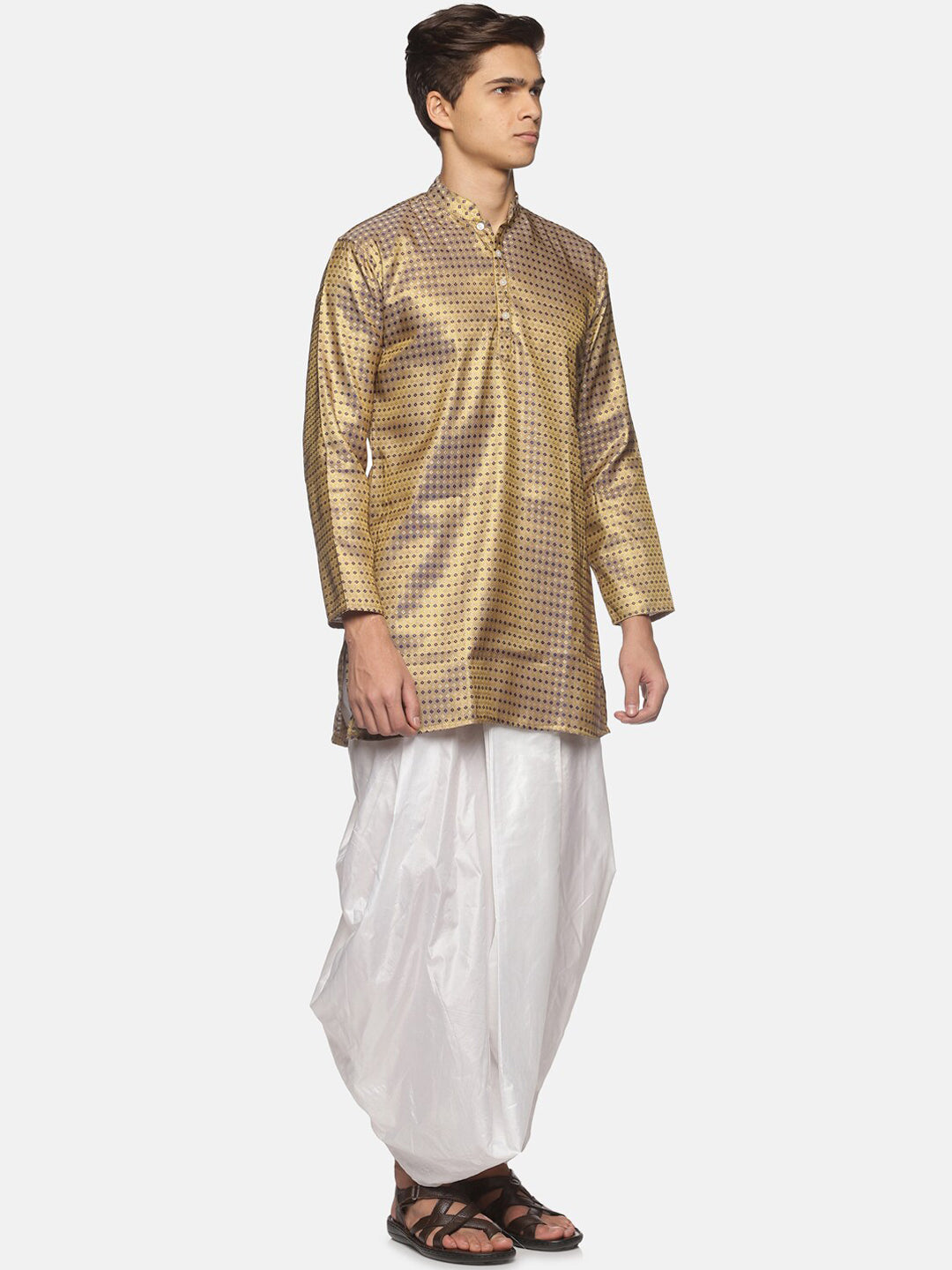Sethukrishna Men Gold-Toned Bandhani Printed Art Silk Kurta with Dhoti Pants - Distacart