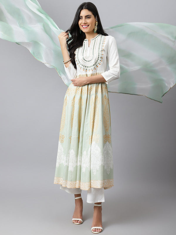 Khushal K Ethnic Motifs Printed Mirror Work Anarkali Kurta with Trousers & Dupatta - Distacart