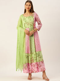 Thumbnail for HERE&NOW Women Green & Pink Floral Printed Anarkali Cotton Kurta With Dupatta - Distacart