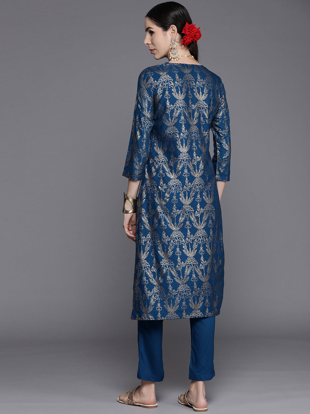 Biba Women Navy Blue & Golden Ethnic Motifs Printed Kurta with Trousers - Distacart